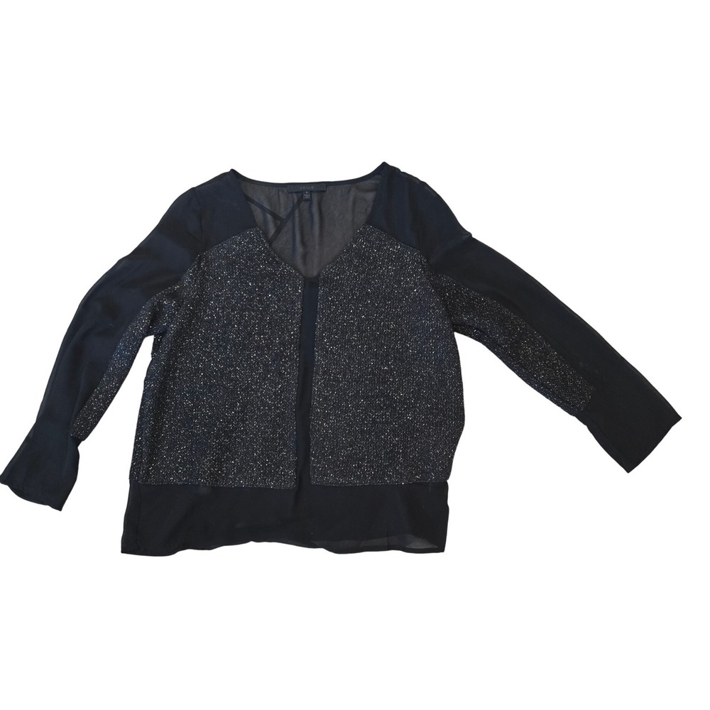 Arynk Womens Black Sheer Chiffon Metallic Gold Tweed V-Neck‎ Blouse Small